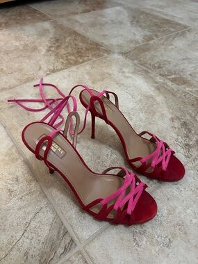 Aquazzura Red and Pink Lace-Up Stiletto Sandals